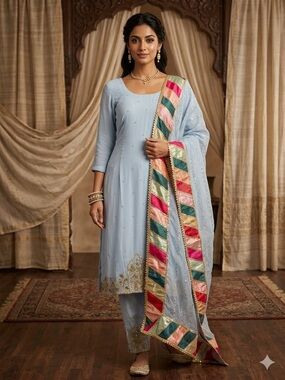 Light Blue Embroidered Salwar Kameez with Multi-Color Border Dupatta Small